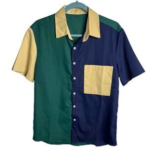 SHEIN Color Block Short Sleeve Button Down Tan Green Blue Size Small